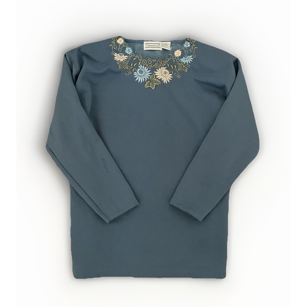 Shenanigans Blue Long Sleeve Top with Embroidered Floral Scalloped Neck